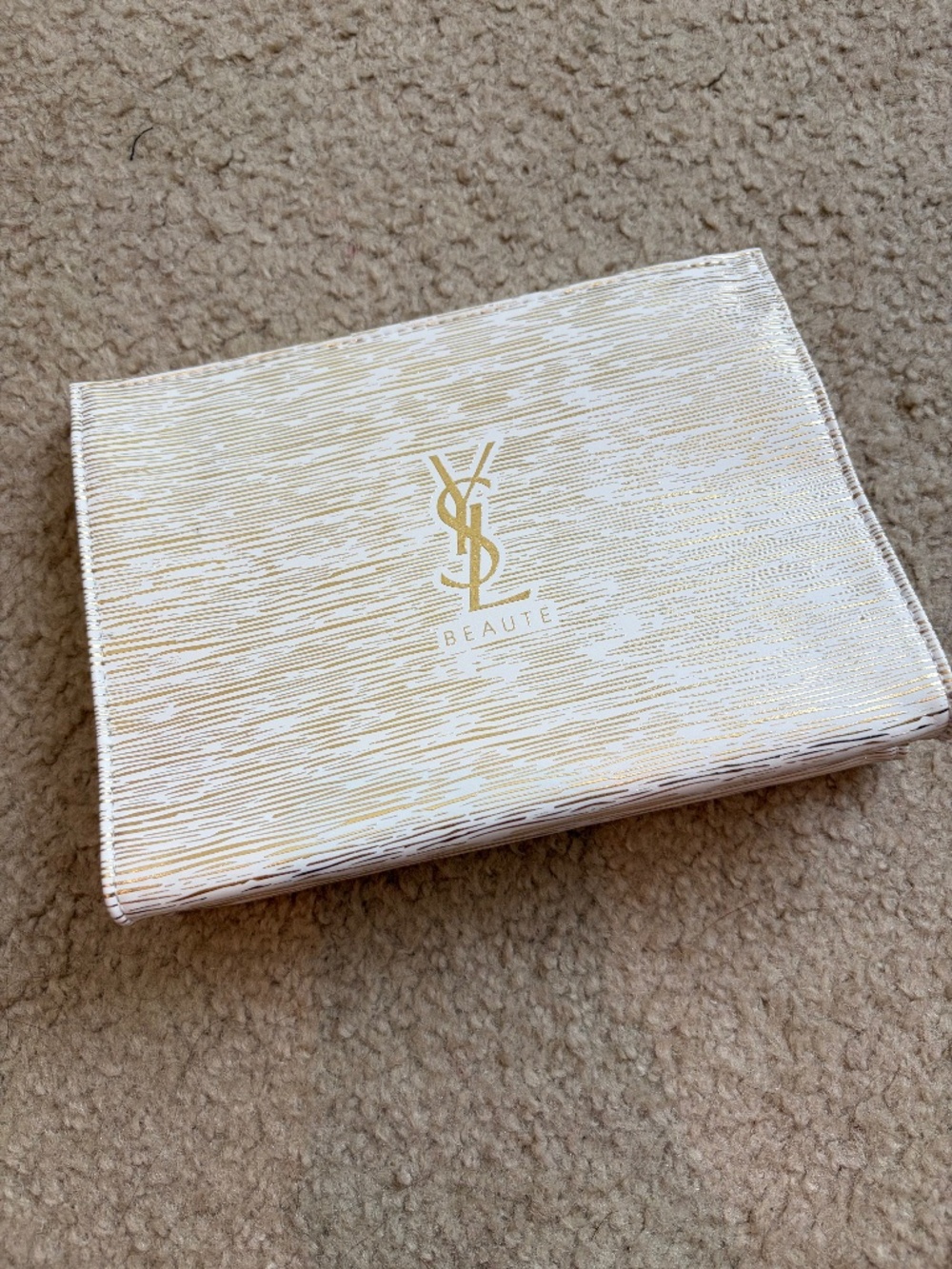 Saint Laurent Beaute Cream Faux Leather Makeup Bag Gold YSL Logo Pouch